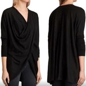 All Saints Black Cotton Fine Gauged Drape Front Sweater US 2